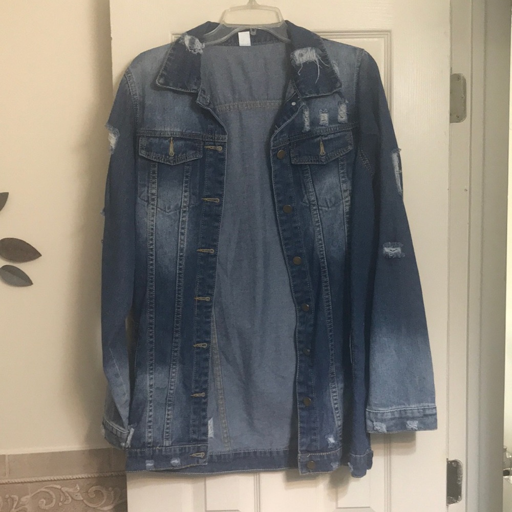 Distressed jean jacket.